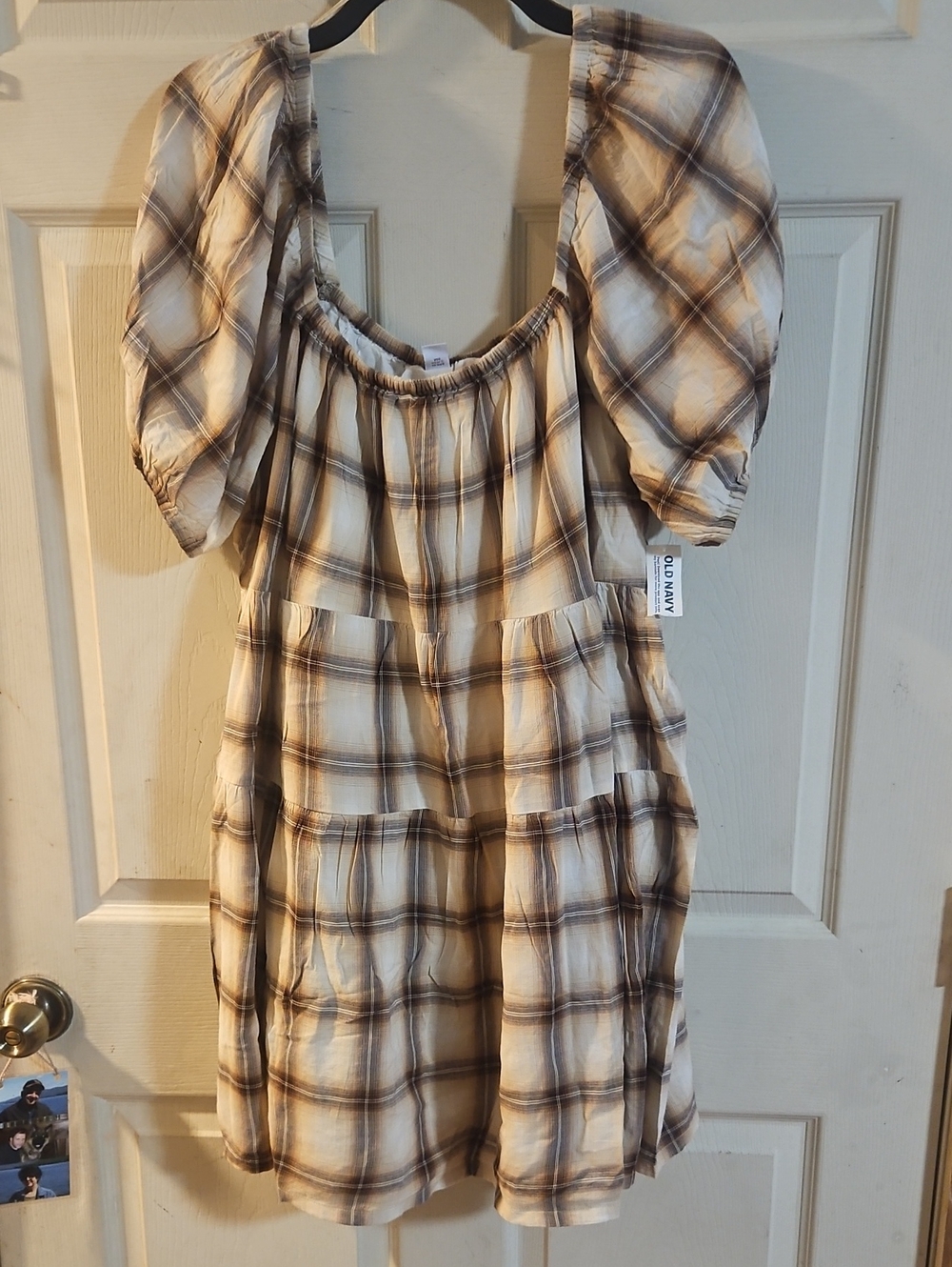 OLD NAVY Puff-Sleeve Smocked Mini Swing Dress: Cream/Brown Plaid: NWT: SIZE XL